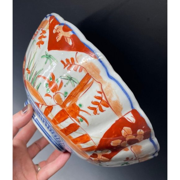 Antique 19th C. Meiji Era Japanese Porcelain Imari Bowl Scalloped Hand Painted - Picture 7 of 16